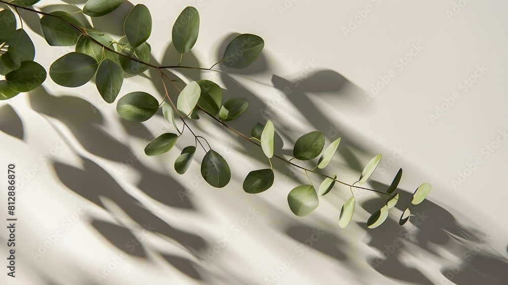 Poster green eucalyptus branch with shadows on empty light grey background backdrop for natural product pre