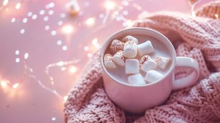 Cozy winter vibes Topview shot of a steaming cocoa mug with marshmallows candle spices and knitted scarf on a pastel backdrop perfect for adding your message : Generative AI