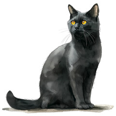 black cat in watercolor painted isolated on transparent background.