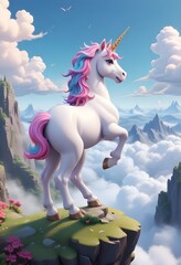 Colorful unicorn standing on a green cliff in the sky
