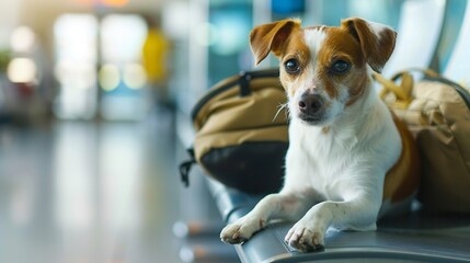 holiday vacation jack russell dog waiting in airport terminal ready to board the airplane or plane at the gate luggage or bag to the side : Generative AI