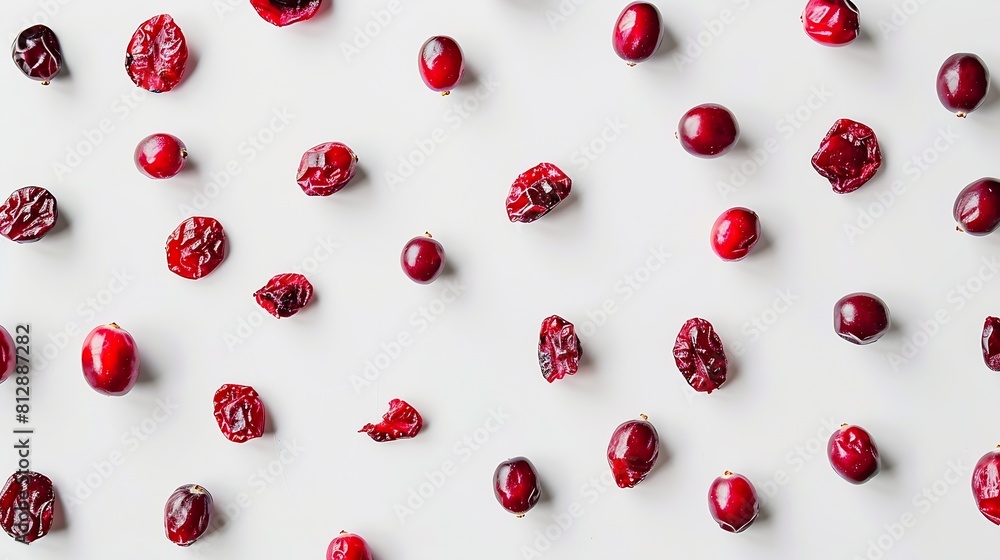 Poster creative layout made of dried cranberry on the white backgroundflat lay food concept : generative ai