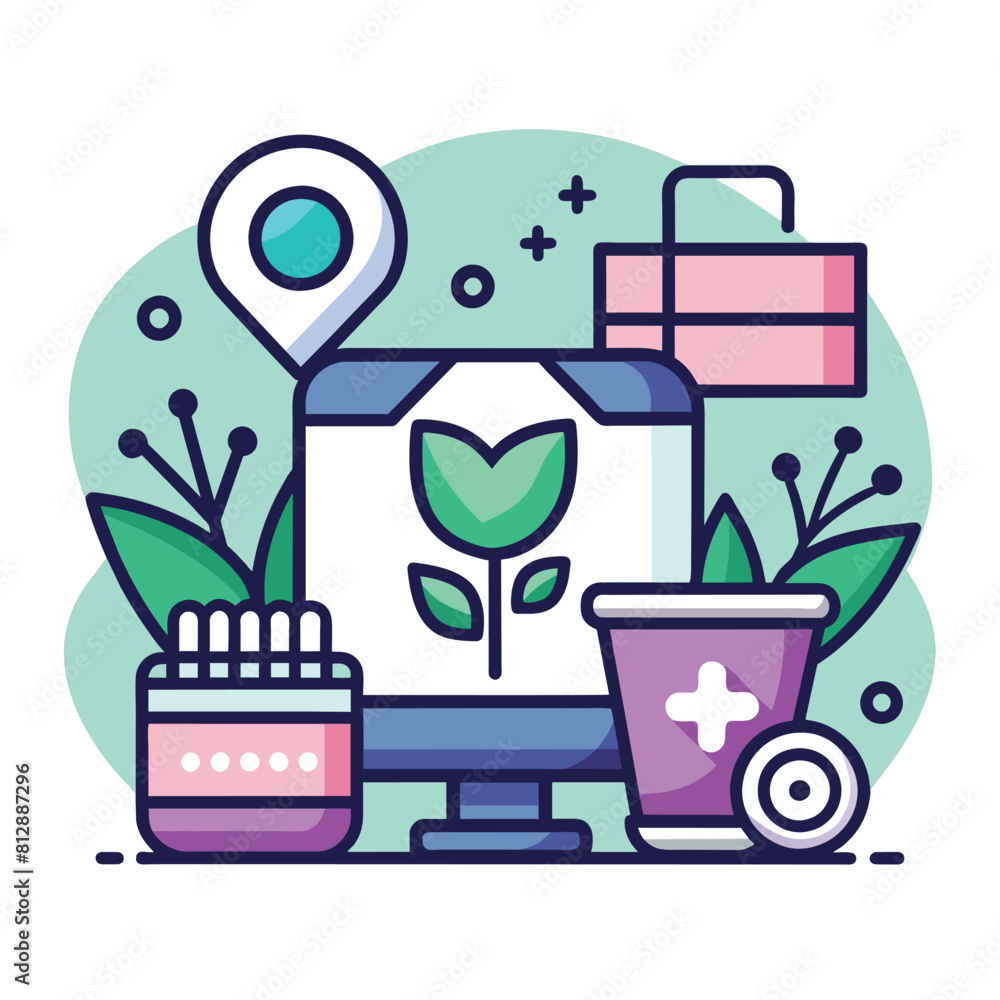 Poster a computer displaying a map with a plant next to it, design a sleek and contemporary icon for a well