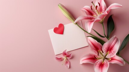 An image of pink lilies, a red heart, and a blank card arranged on a pastel pink background, symbolizing love and affection