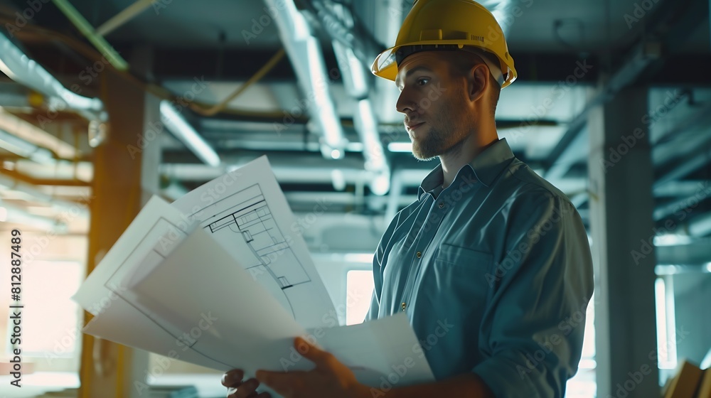 Poster portrait of an architect builder studying layout plan of the rooms serious civil engineer working wi