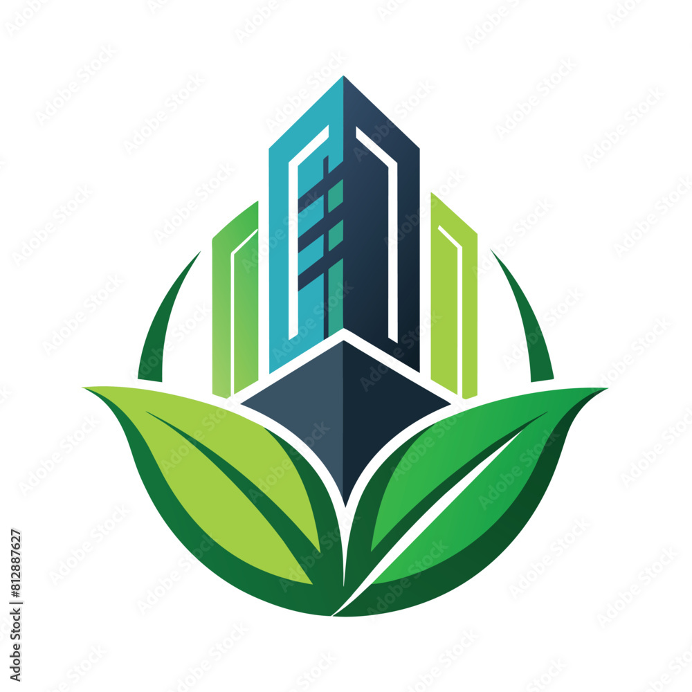 Poster modern green leaf logo design with a building in the background, modern architectural design with cl