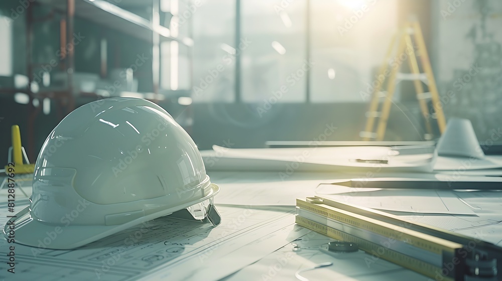 Poster Architectural designed building blueprint layout and engineer tool for designing blueprint with contractor project document on engineer workspace table in office with safety helmet or  : Generative AI