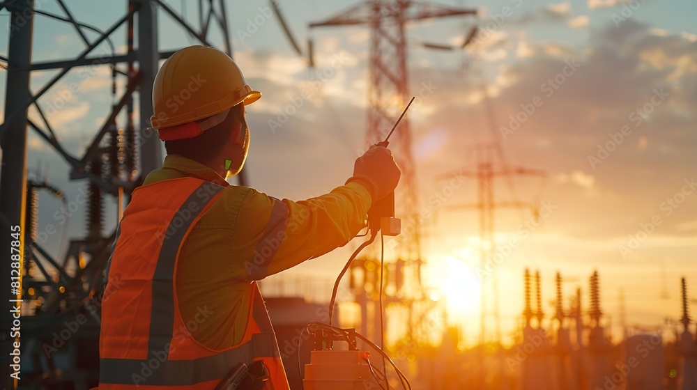 Aufkleber an electrician at a high voltage power plant works with a project at sunset in the sky electrical en