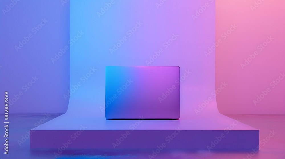 Poster notebook computer or laptop painted in white with vibrant bold gradient purple and blue holographic 