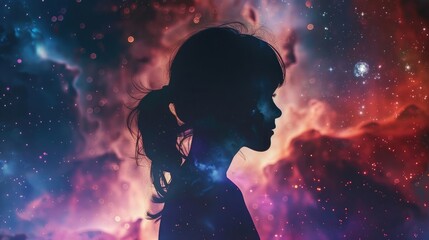 Obraz premium girl centrally placed in the space, looking up at the stars, abstract art background