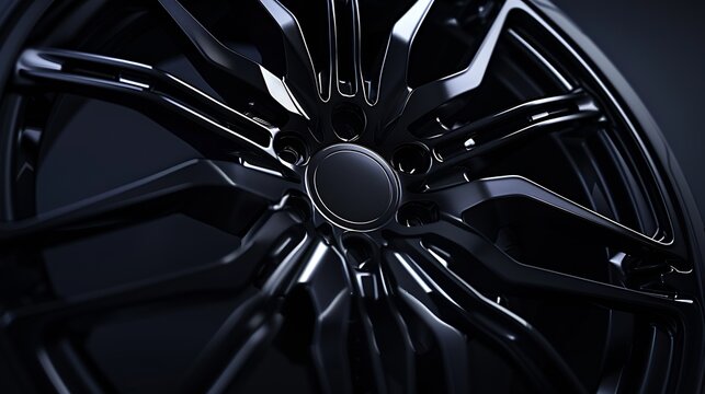 black stylish rim alloy wheel on a dark background closeup layout for the design of car sites copyspace : Generative AI