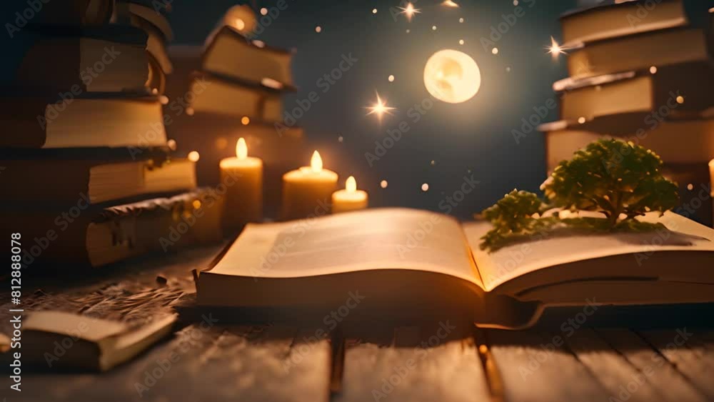 Poster Open Book with Candles and Tree Generative AI