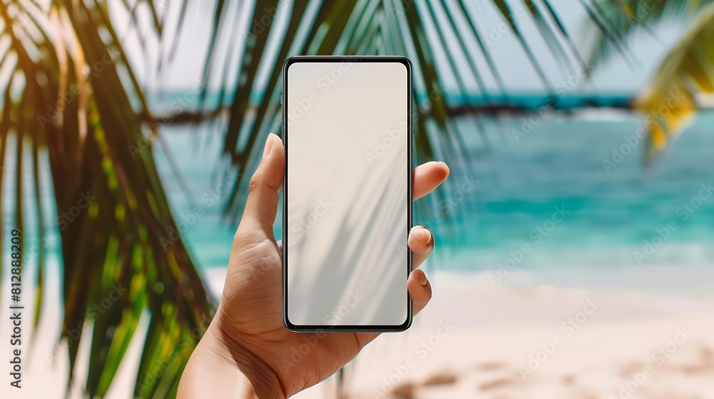 Aufkleber hand holding smartphone on the beach mobile mockup of blank screen take your screen to put on advert