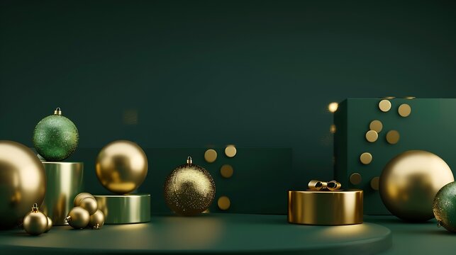 Christmas decoration concept with golden accessory and empty podiums displayed on green background Scene for advertising with blank space for presentation products Front view : Generative AI