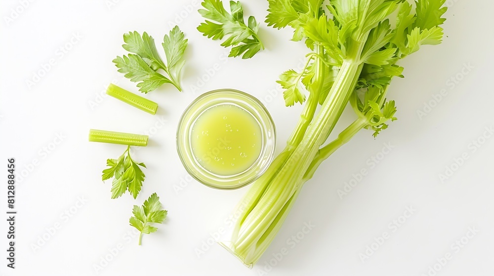 Aufkleber Fresh green celery and glass with celery juice isolated on white background Creative layout Healthy eating and dieting food concept Design element Top view flat lay : Generative AI