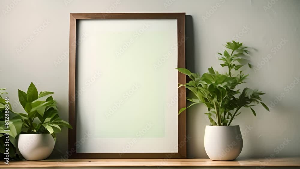 Poster green framed picture on shelf with potted plants generative ai