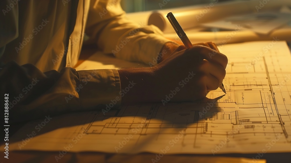 Poster architect drawing on a blueprint on architectural project at the construction site at office desk in