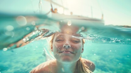Happy friends diving from sailing boat into the sea  Travel and summer vacation concept  Soft focus on blond girl face : Generative AI