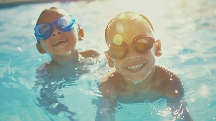 Refreshing at heat weather Cheerful children in googles smiling while playing in swimming pool at sunny day active vacation and healthy lifestyle happy summertime banner format : Generative AI