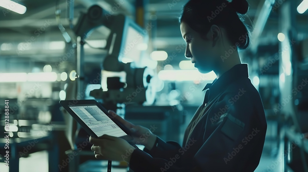 Poster Industry 40 Modern Factory Female Engineer Uses Digital Tablet Computer with Augmented Reality to Visualize Workshop Mapping Floor Layout Facility with HighTech CNC Machinery and robot : Generative AI