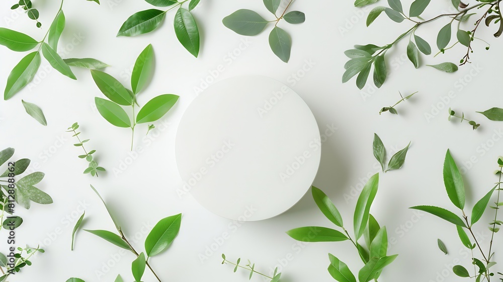 Aufkleber empty round podium and green leaves on light grey background top view pedestal and fresh natural bra