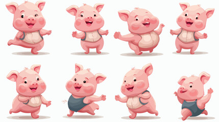 Funny little smiling pig in various poses set of ca