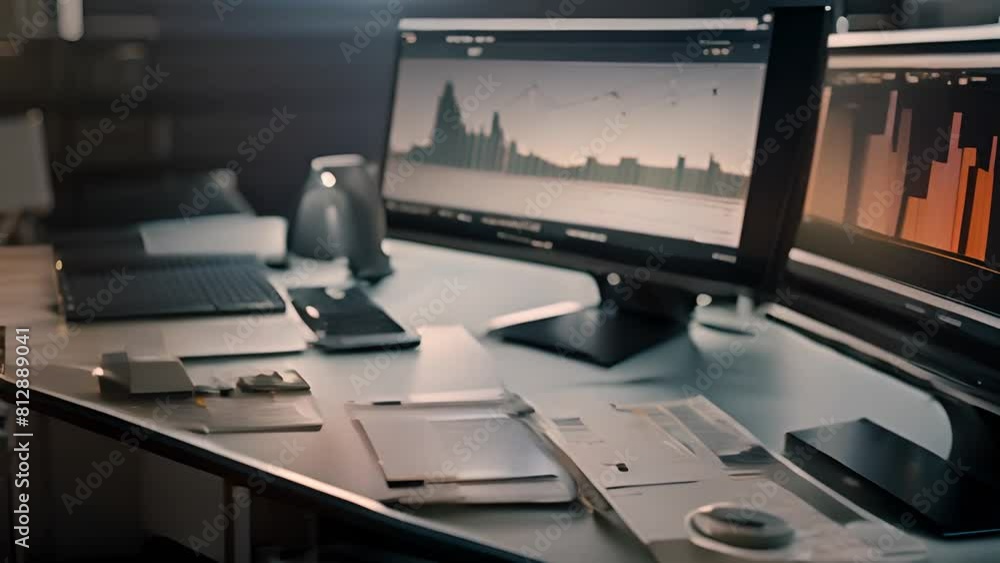 Poster desk with multiple monitors showing financial data generative ai