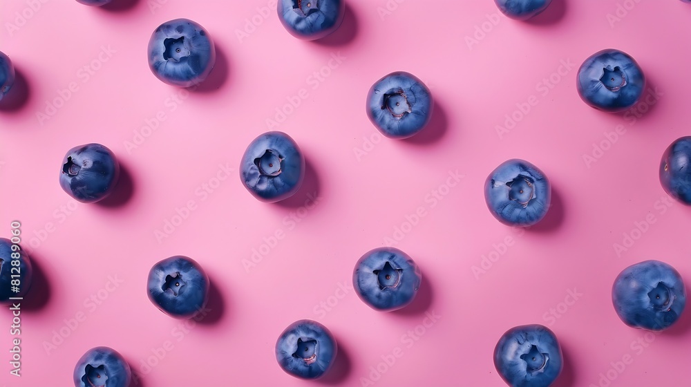 Poster Fresh berries blueberry on pink background Colorful fruit pattern of blueberries as background Creative berries concept Flat lay top view copy space : Generative AI