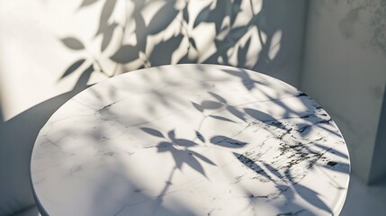Round marble table top with tree leaves shadow drop on white wall background for mockup product display : Generative AI