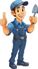A bricklayer handyman cartoon construction mascot character man holding a trowel tool