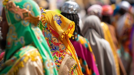 People wearing colorful clothes in a market.
