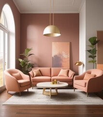 Modern interior design of living room with sofa, armchairs and coffee table in peach color. minimalistic scandinavian style