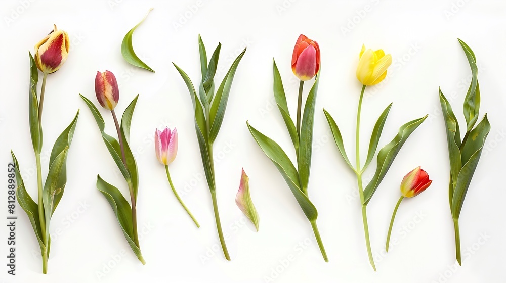 Poster tulip spring flowers with leaves creative layout isolated on white background floral composition wit