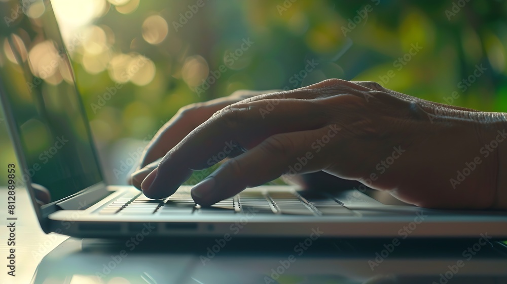 Aufkleber hand of businessman using keyboard of laptop computer blank screen He is working business on table in office Business investmentfinance accounting concept with copy space : Generative AI
