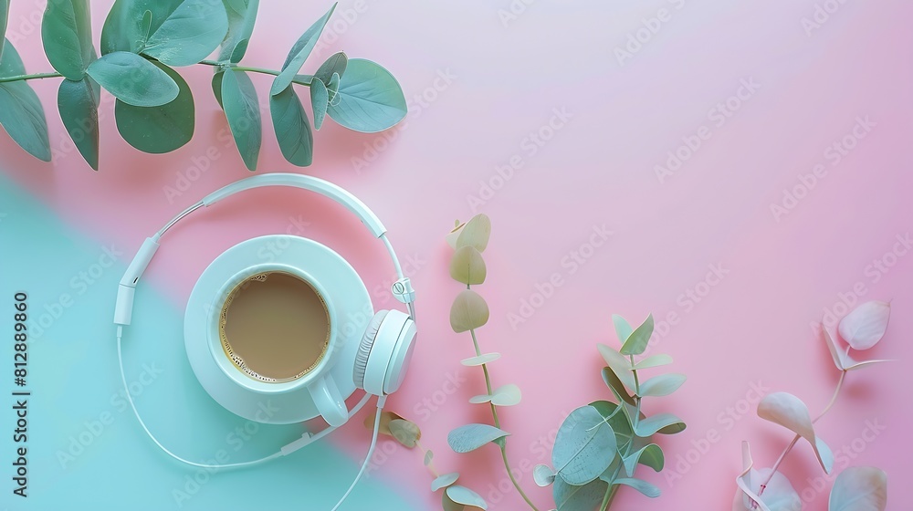 Poster blogger pastel background with coffee cup headphones and botanical elements flat lay : generative ai