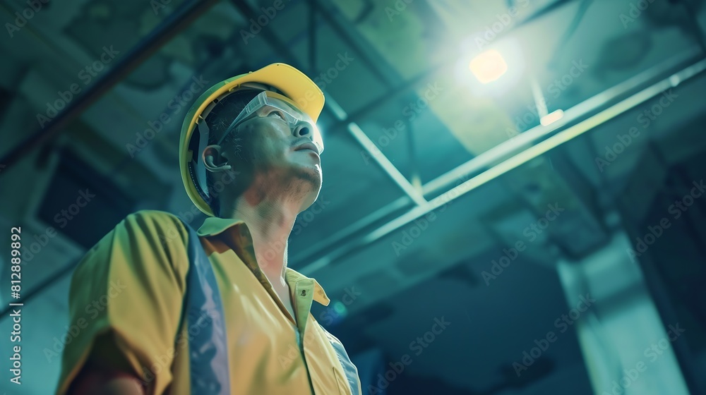 Poster asian contractor and engineer inspecting material in construction building : generative ai