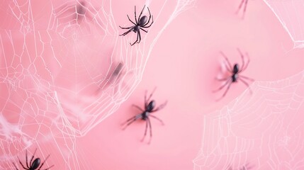 White spider web with black spiders on pastel pink background Minimal pink Halooween concept : Generative AI