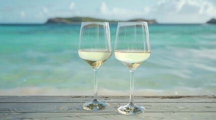 Two wineglass with white wine on wooden table against idyllic beach and turquoise sea : Generative AI