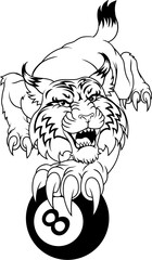 A wildcat bobcat lynx angry mean pool billiards mascot cartoon character holding a black 8 ball.