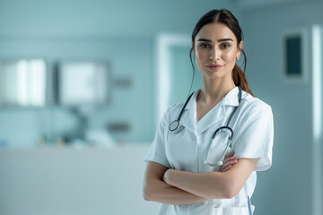 Against a clinical background, a female nurse stands poised and confident in her white uniform, representing the tireless dedication and expertise of healthcare professionals in ho