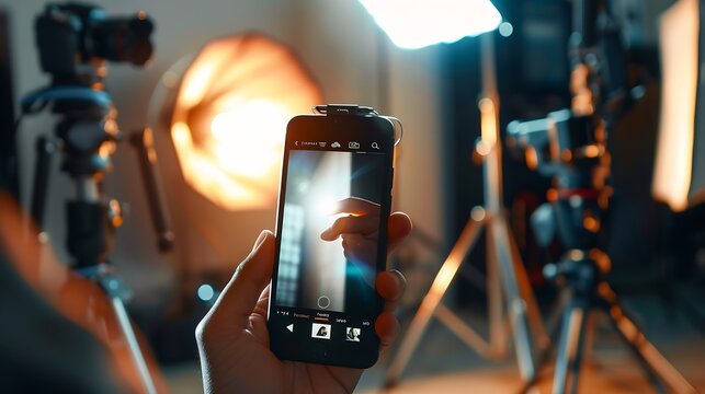 Phone in hand with video sharing app mockup on its screen : Generative AI