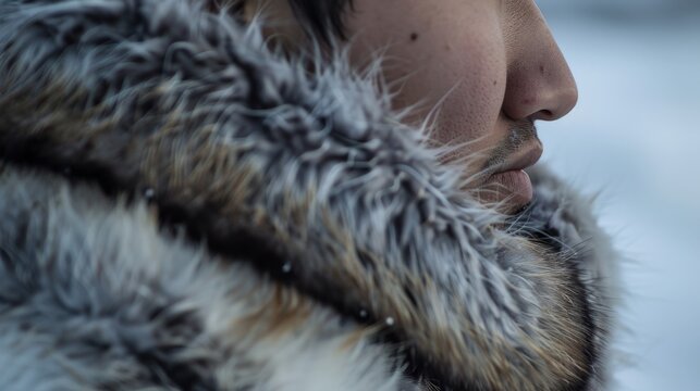 Portrait of a man in a fur hood against a snowy background.