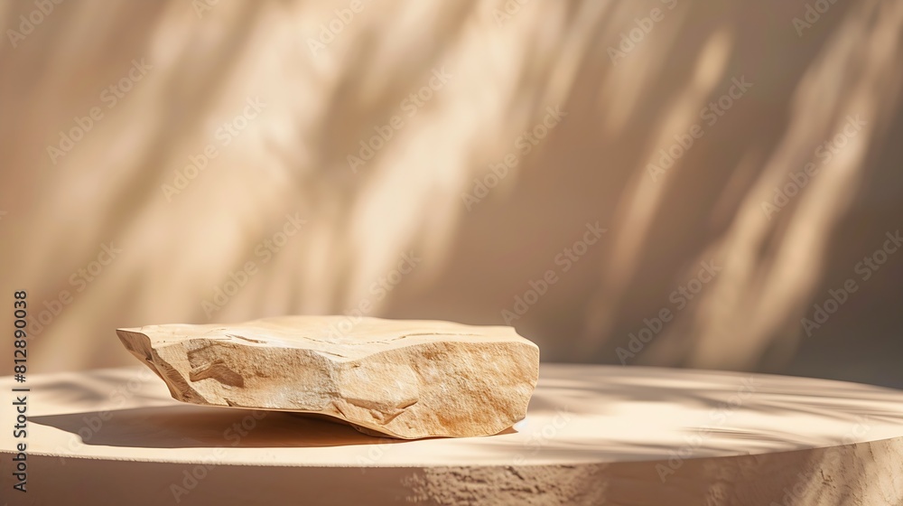 Poster beige concept product display podium rock stone with blurred background with sunlight shadow : gener