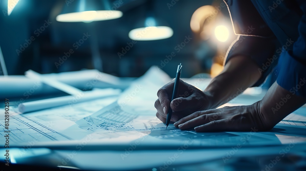 Poster Architect Engineer Design Working on Blueprint Planning Concept Construction Concept : Generative AI
