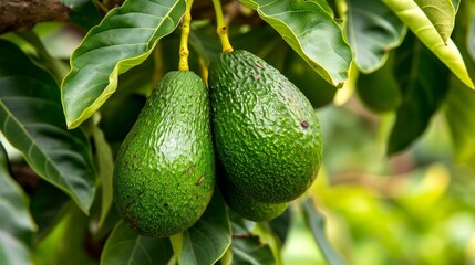 Pure Perfection: Captivating Avocado Fruits with Lush Green Leaves, Isolated on a Pristine White Bac