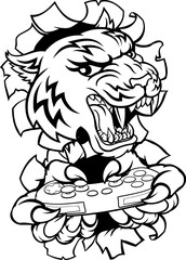 A tiger gamer player cartoon animal sports mascot holding a video game controller in its claw