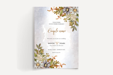 WEDDING INVITATION FRAME WITH FLOWER DECORATIONS AND FRESH LEAVES