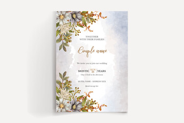 WEDDING INVITATION FRAME WITH FLOWER DECORATIONS AND FRESH LEAVES