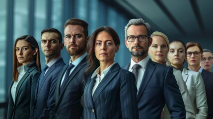 Fototapeta premium a show of unity, a row of Caucasian businesspeople poses for a group photo, showcasing their collective vision for the successful business corporation. generative AI. hyper realistic 