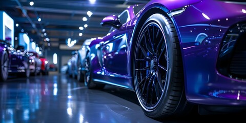 Luxury Car Alloy Wheels Displayed in a Supercar Showroom with Stylish Design. Concept Luxury Car Showroom, Alloy Wheels Display, Stylish Design, Supercar Event, Automotive Elegance